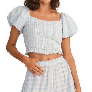 LoveShackFancy Top Breonna Puff Sleeve Gingham Crop Top in Blue Patriot Sz 0 NWT